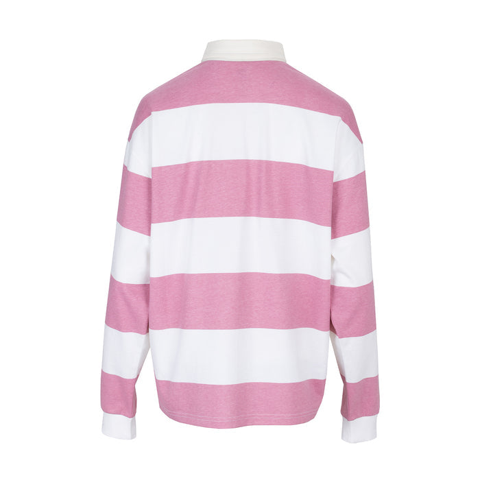 Womens back view rugby polo shirt with rose pink and white wide horizontal stripes