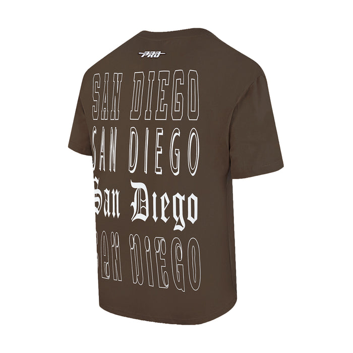 Men's brown Padres tee with stacked SAN DIEGO text graphic on back