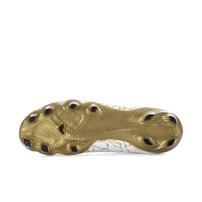 Bottom view of men's high-top cleat with gold outsole and multi-stud traction
