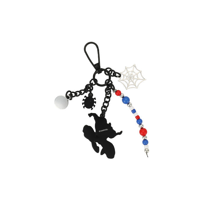 Spider-themed bag charm with black hero silhouette, web charm, and blue/red bead tassel