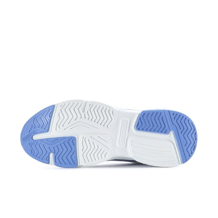 Women's light blue sneakers outsole view with textured tread and white traction rubber