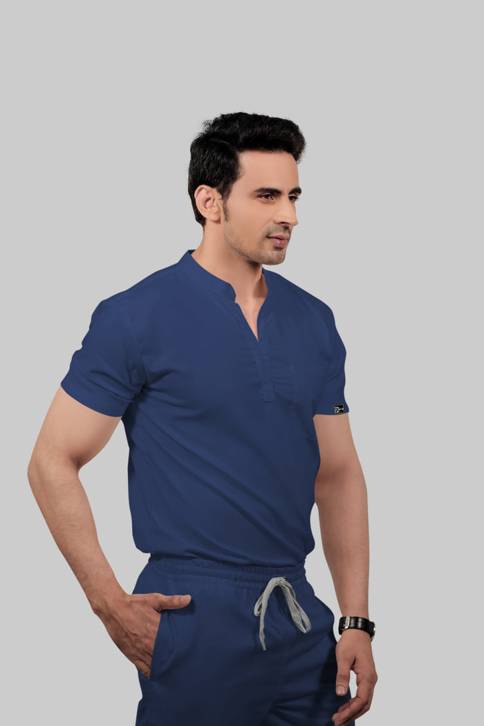 Stretchable (2Way) Men Navy Blue Mandarin Neck Scrub Top