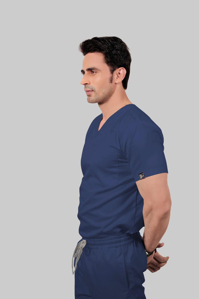 Stretchable (2way) Men Navy Blue V-Neck Scrub Top