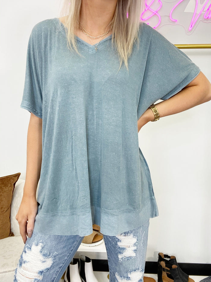 *Teal Blue Ribbed Mixed Wash Knit Top