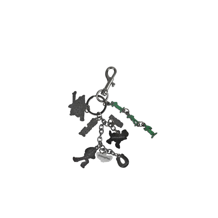 Toy Story bag charm with dark silhouette charms, green toy pieces, and metal clip