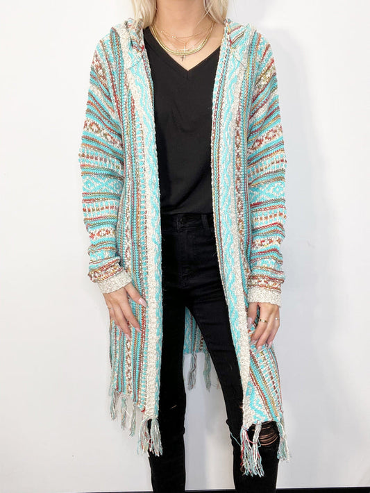*Tribal Stripe Cardigan w/ Fringe & Hood - TURQUOISE