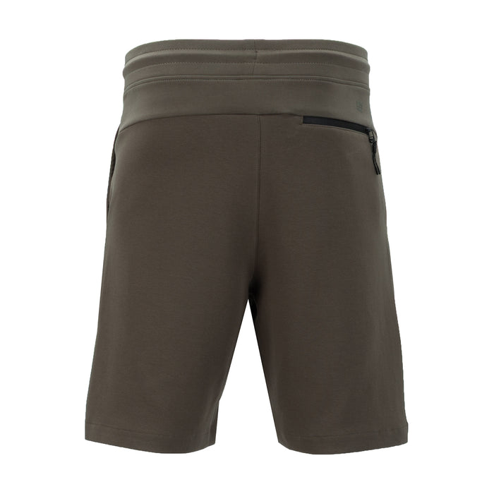 Mens knit short in brown, back view with elastic waistband and small logo patch