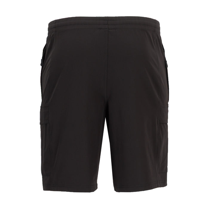 Men's black cargo shorts with elastic waist and side flap pockets