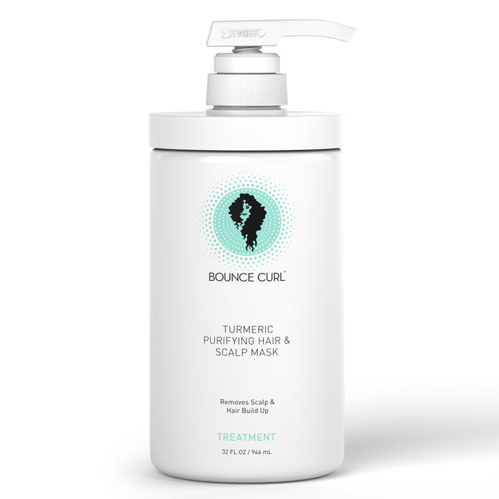 Bounce Curl white pump bottle with green logo on a cream background.