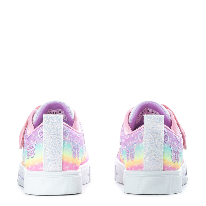 Kids low-top sneakers back view with pink-and-rainbow butterfly print and Velcro strap
