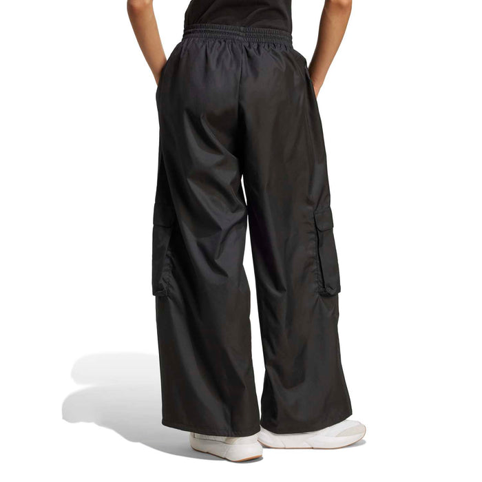 Black utility woven wide-leg pants with cargo pockets and ankle-length hem