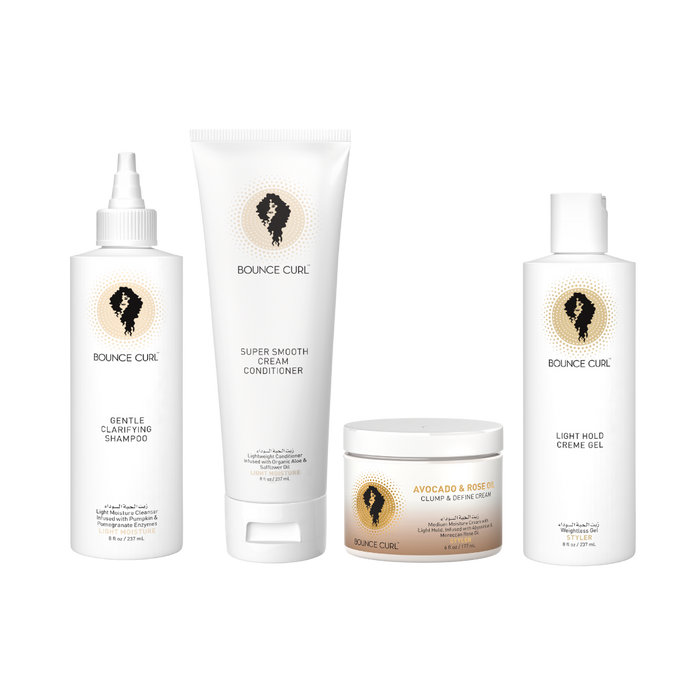 Bounce Curl Wavy Curly Define Complete Kit with product bottles lined up next to each other