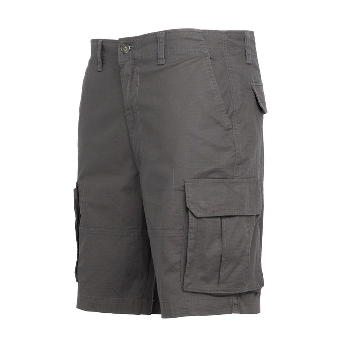 Men's gray ripstop twill cargo shorts with belt loops and side cargo pocket