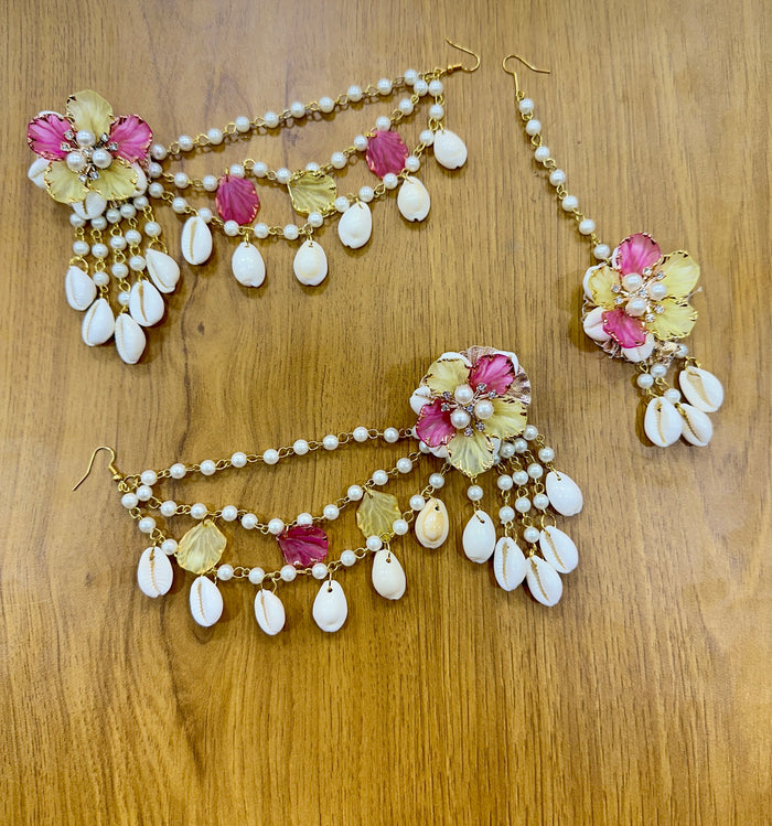 Yellow Pink Shells Earring Tikka Set