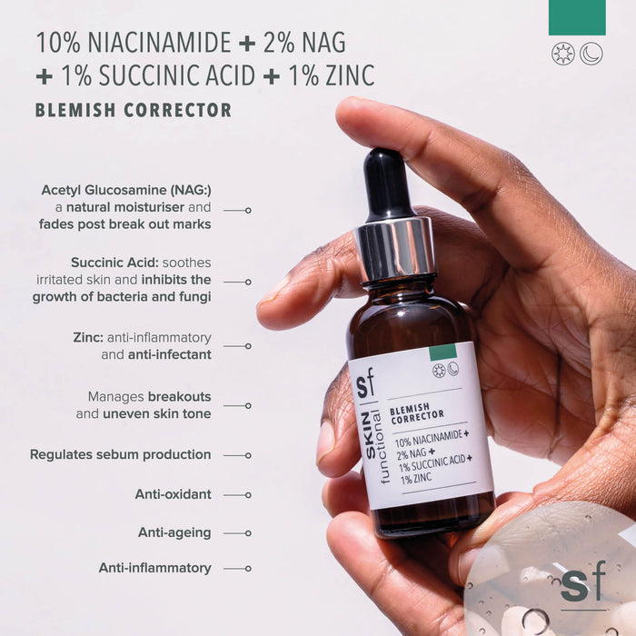 Hand holding a Skin Functional Blemish Corrector Bottle