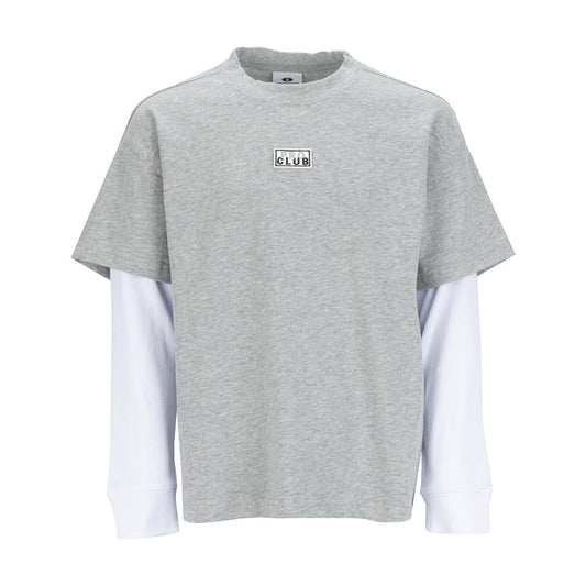 Youth 2-in-1 long sleeve tee, heather gray body with white long sleeves and chest logo