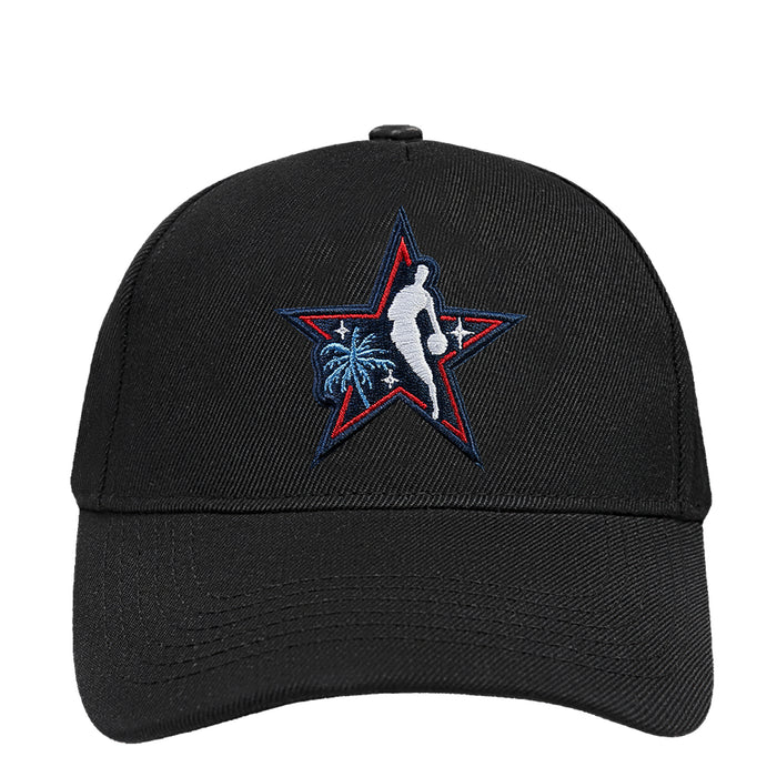 Black snapback cap with embroidered star basketball logo on the front