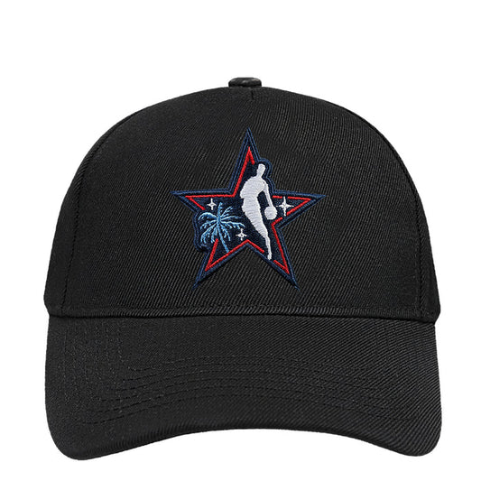 Black snapback cap with embroidered star basketball logo on the front
