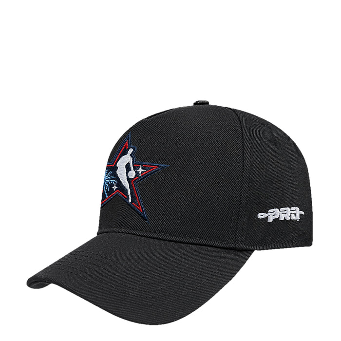 Black snapback cap with side embroidered star basketball graphic and small emblem