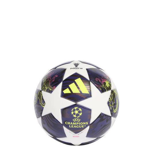Mini soccer ball with purple and white panels, neon yellow details, Champions League emblem