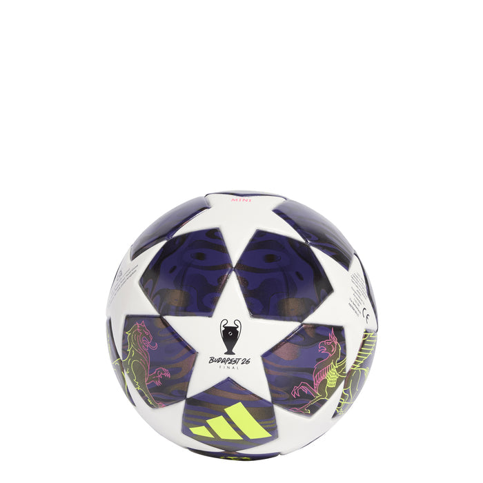 Mini soccer ball with white center, dark purple sections, neon yellow Adidas marks and graphics