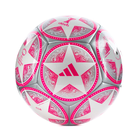 Silver and white soccer ball with pink star panels and concentric dotted trim