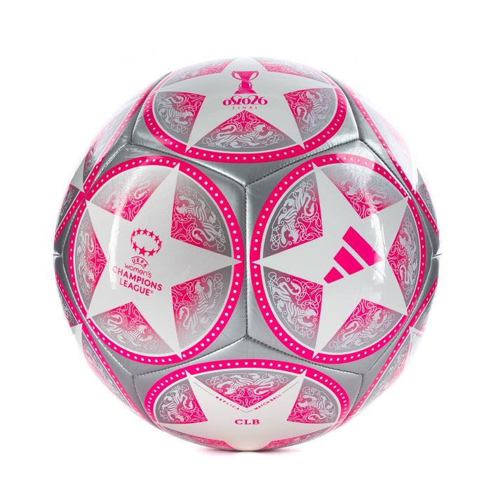 Silver soccer ball with pink and white emblems, stars, and dotted ring details