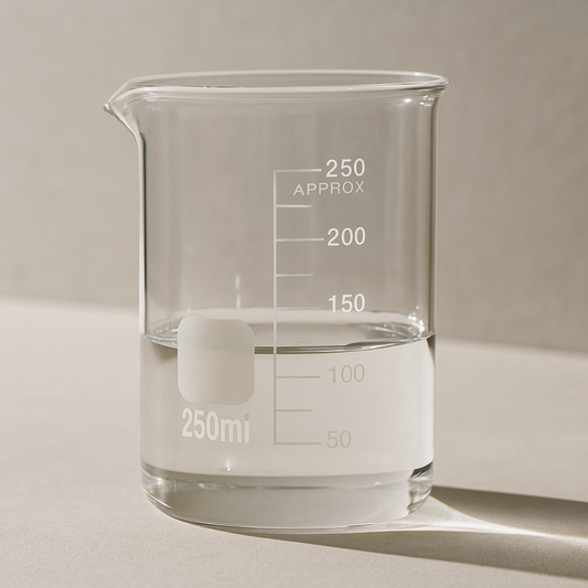 250ml Clear glass beaker with measurement markings on a neutral background