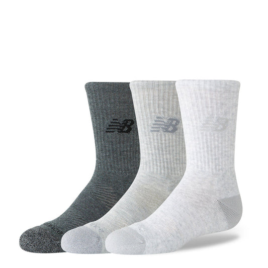 Youth crew socks 3-pack with cushioned soles, heather charcoal, ash gray, light gray