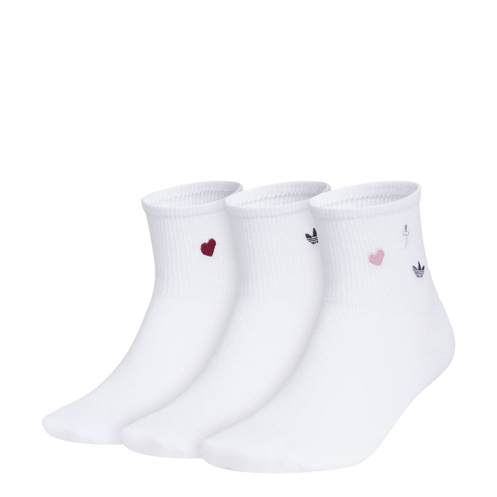 3-pack white high-quarter socks with red heart, blue logo, and adidas stripes
