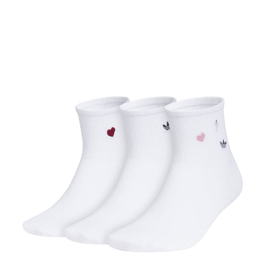 3-pack white high-quarter socks with red heart, blue logo, and adidas stripes