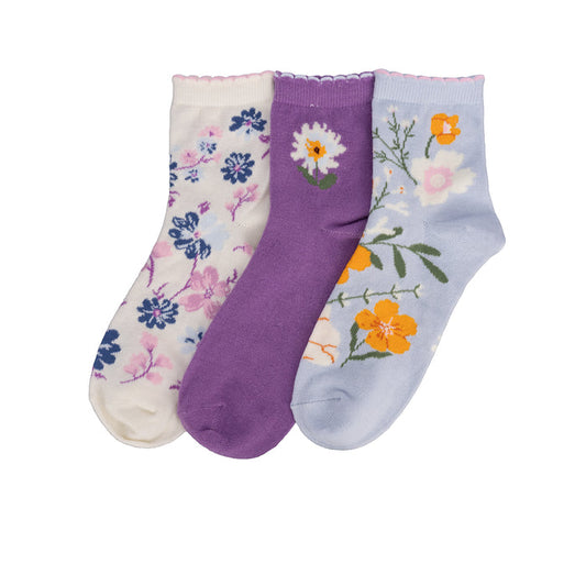 3-pack scalloped quarter socks, floral and purple multicolor with ribbed cuffs