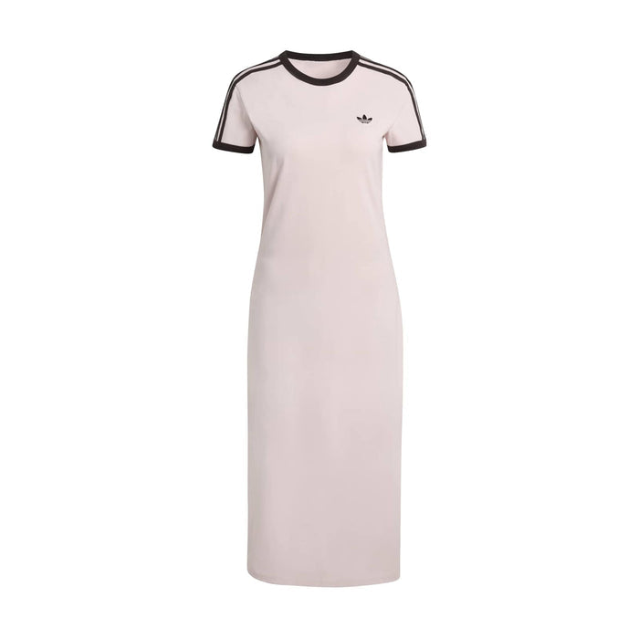 Womens midi t-shirt dress in pale pink with black-striped collar and sleeve trim