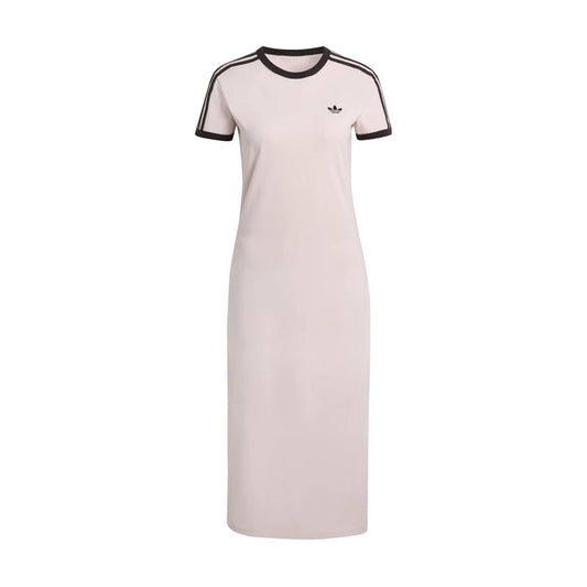 Womens midi t-shirt dress in pale pink with black-striped collar and sleeve trim