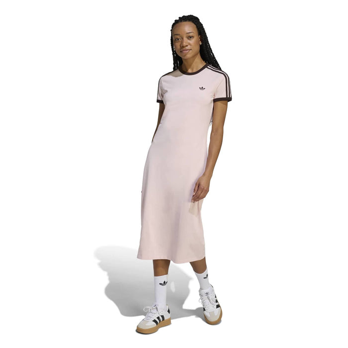 Womens pale pink midi t-shirt dress with black-striped cuffs and chest logo