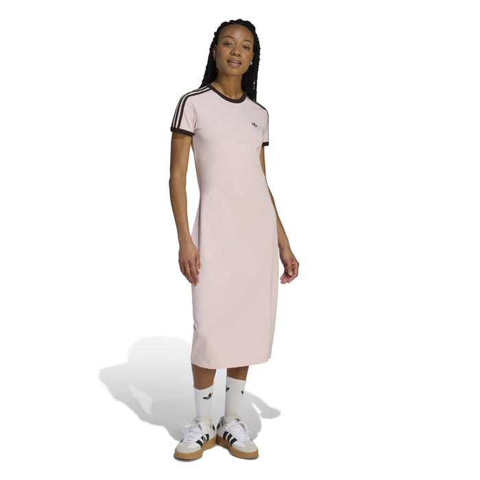 Womens pale pink midi t-shirt dress with black crew neck trim and chest logo