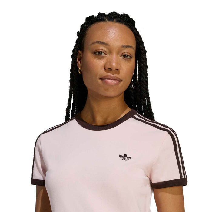 Womens pale pink t-shirt dress with black-trim crew neck and adidas-style trefoil logo