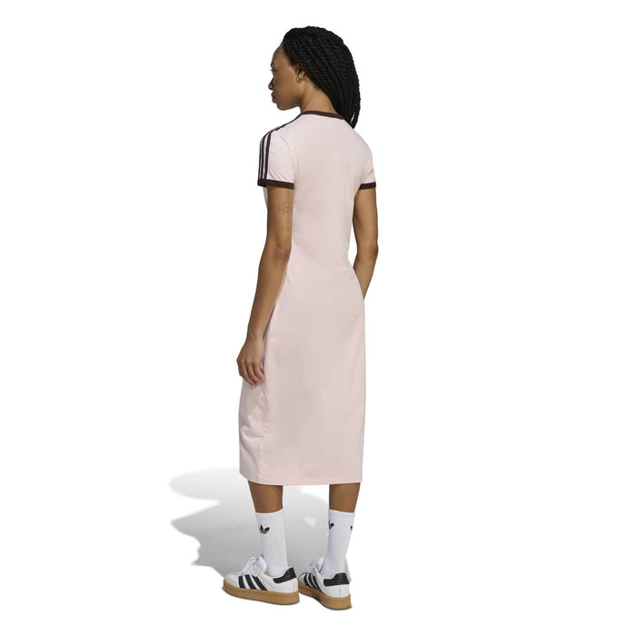 Womens pale pink midi t-shirt dress back view with black-striped sleeve hem