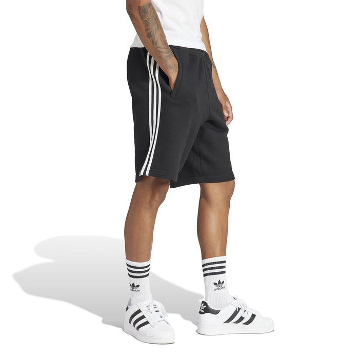 Men's black adidas 3-Stripe shorts, angled side profile with white stripe detail