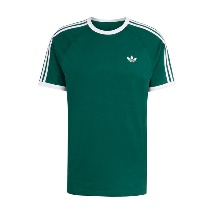Men's green t-shirt with white crew neck trim and three white sleeve stripes