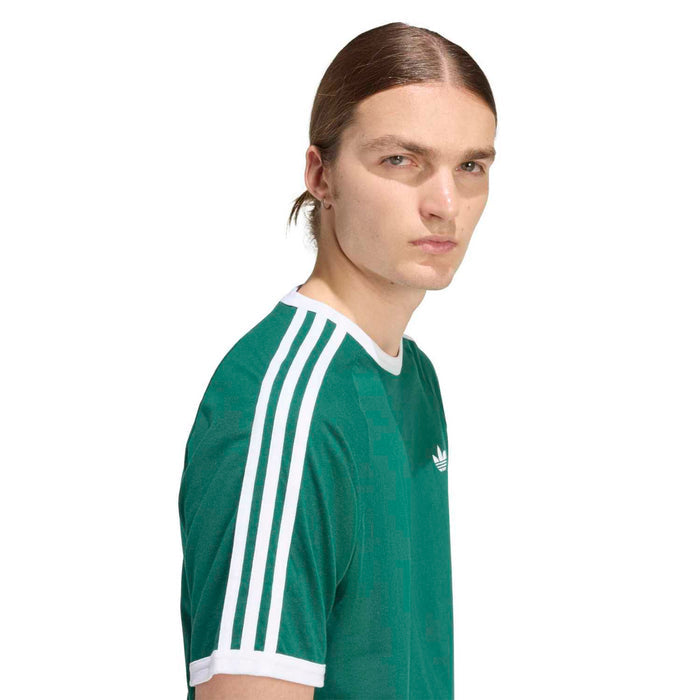 Men's green t-shirt with white three stripe detail on sleeve and small chest logo
