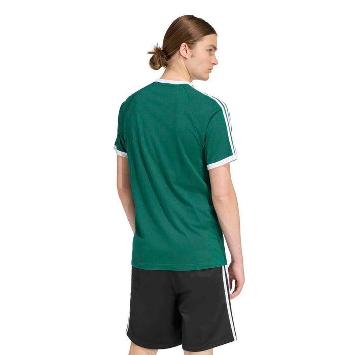 Men's green t-shirt back view with white three stripe shoulder detail