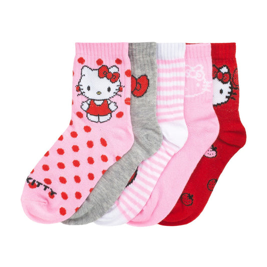 Kids 5-pack half-crew socks with Hello Kitty faces, pink red gray and white stripes