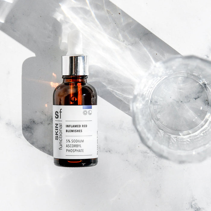 SKIN Functional Inflamed Red Blemishes with details skincare product on a grey background