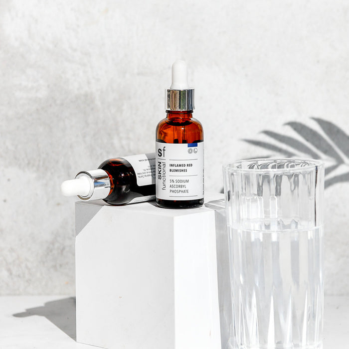 SKIN Functional Inflamed Red Blemishes with details skincare product on a grey background