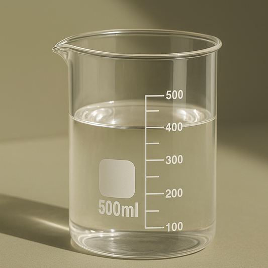 Clear 1000ml glass beaker with measurement markings on an olive green background