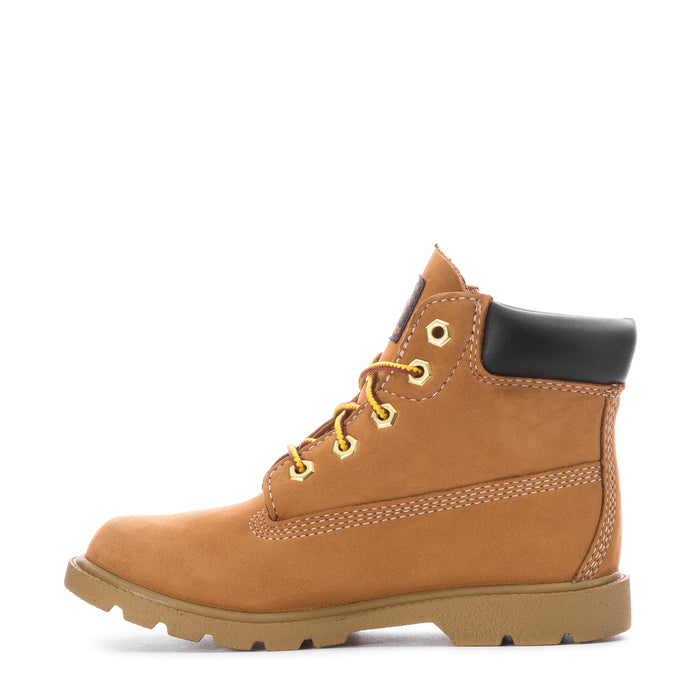 Toddler wheat-brown 6-inch lace-up boot with black side panel and yellow laces