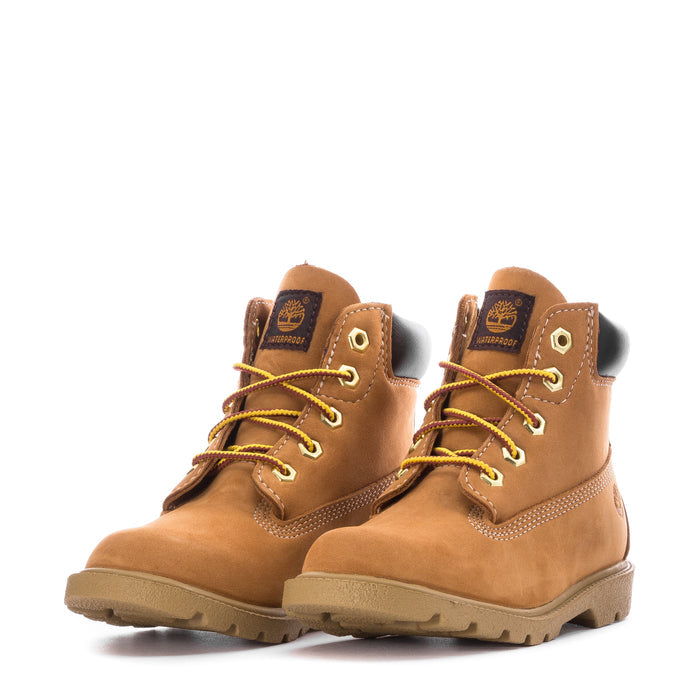 Toddler wheat-brown lace-up boots, tan soles, yellow laces and padded collar
