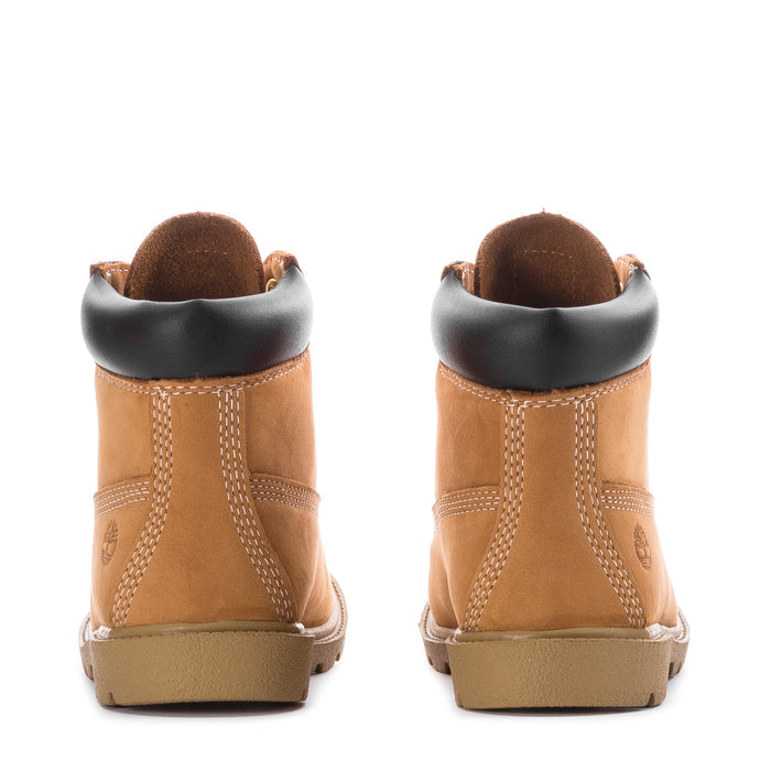 Toddler wheat-brown boots from back view with black heel lining and yellow laces