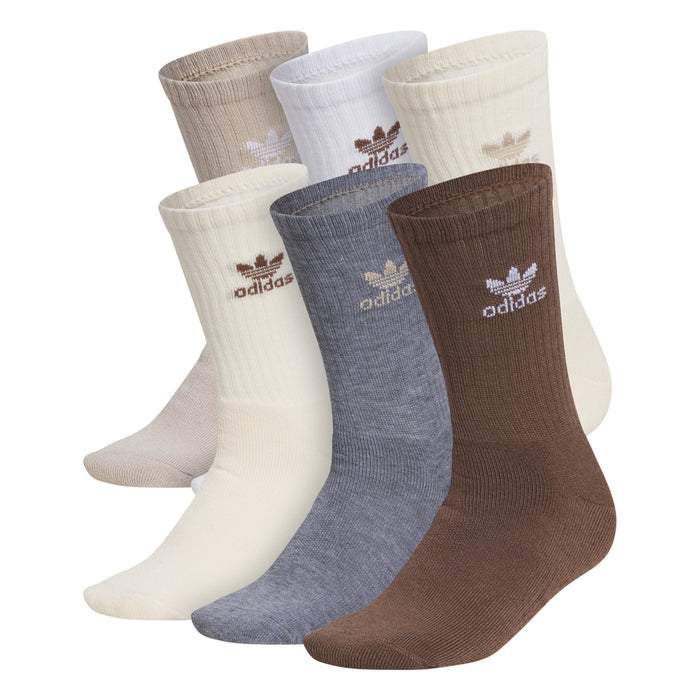 Kids crew socks 6-pack, beige, white, brown, and blue pairs with adidas logo